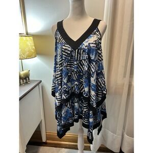 Blue Black Abstract Print Tiered Handkerchief Hem V-Neck Sleeveless Tunic Top 1X